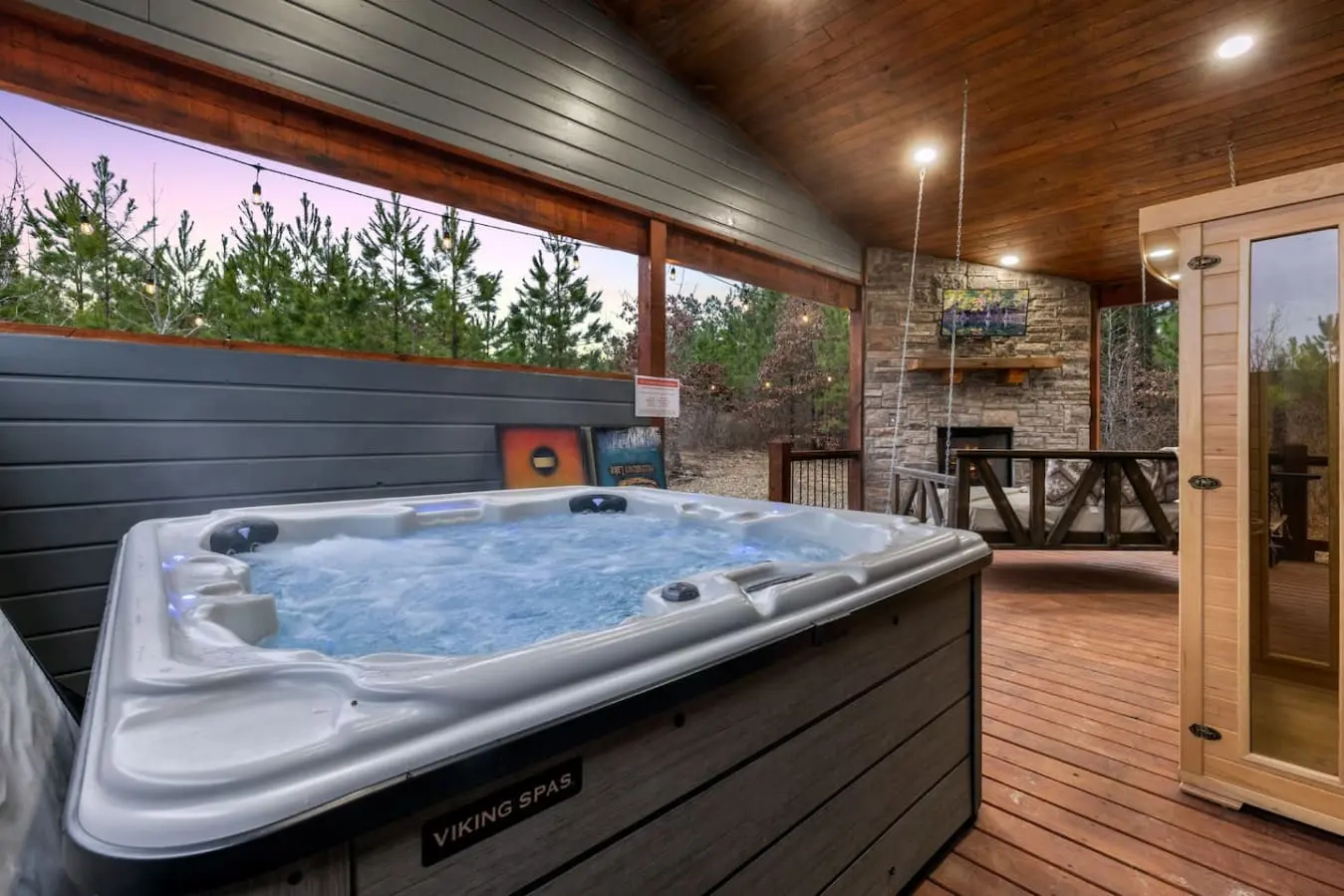 Sink into the hot tub on your private deck and let the jets melt away the week while the forest settles in around you for the night.
