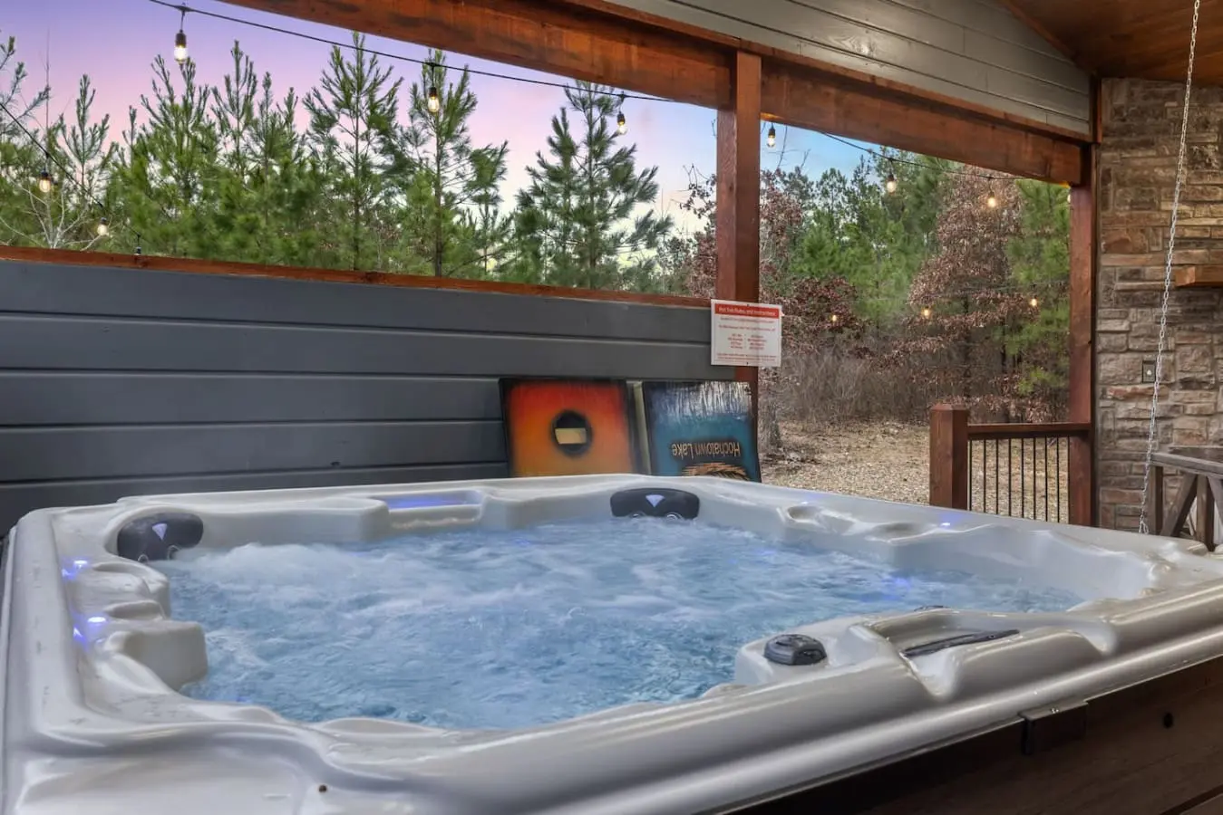 Slip into the bubbling hot tub as the forest darkens around you and feel like you're soaking in your own private slice of wilderness.