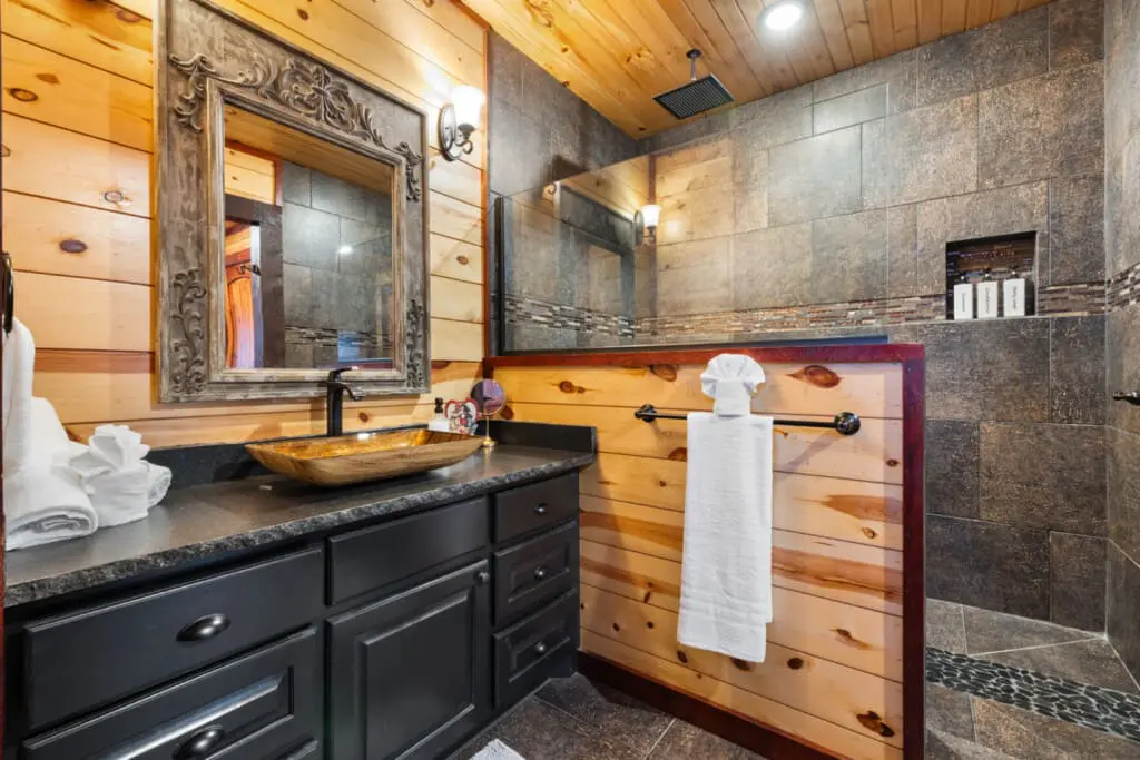 The bathroom is designed to offer a spa-like experience
