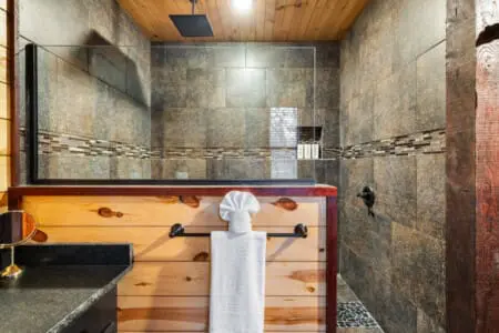 The overall design blends rustic charm with luxury elements.