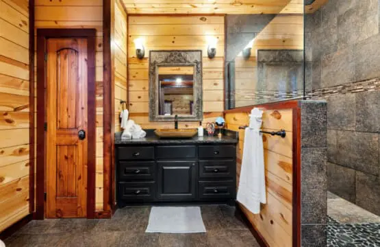 The bathroom features rustic pine wood walls and a dark, multi-drawer vanity with a bowl-style sink.