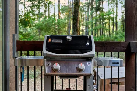 Honestly, that grill setup on the deck is basically calling your name if you're the type who loves cooking outdoors while the forest just hangs out in the background.