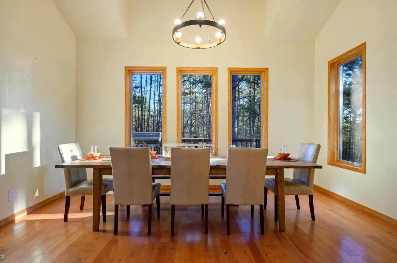 Enjoy the rustic charm of our cabin's dining table.