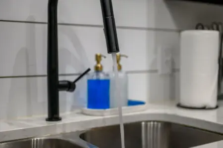 The kitchen's got that sleek black faucet and dual sinks setup that makes cooking and cleanup feel way less like a hassle, especially when you've got company hanging around.