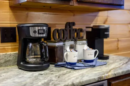 Cozy kitchen counter with everything you need to brew your morning coffee.
