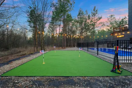 Perfect for mini golf enthusiasts, this backyard course overlooks the peaceful wooded landscape at twilight.