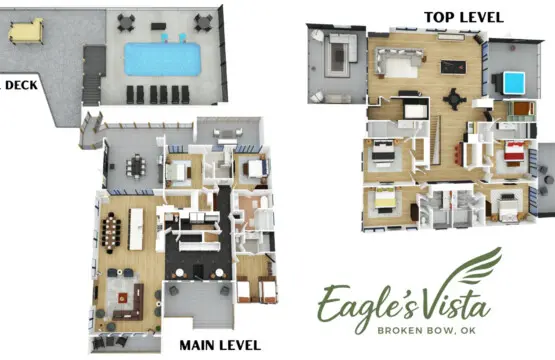 Here's the full layout of Eagle's Vista — pool deck, main level, and top floor all designed to keep 30 guests happy.