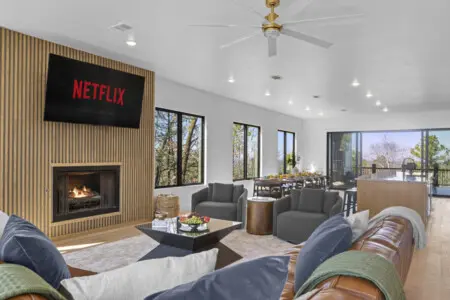 Netflix on the big screen, fire going, and room for the whole group to spread out after a long day exploring.