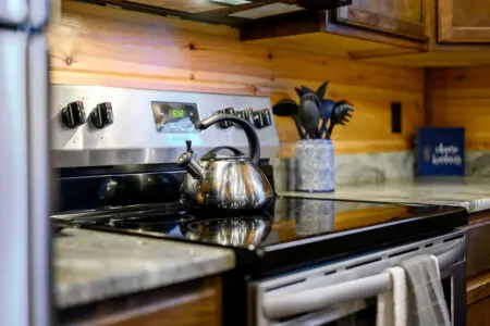 This cozy cabin kitchen features stainless steel appliances and warm wood accents perfect for preparing meals.