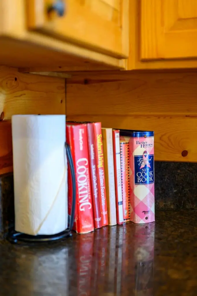 Cozy kitchen counter space with plenty of storage and classic wood cabinetry throughout.