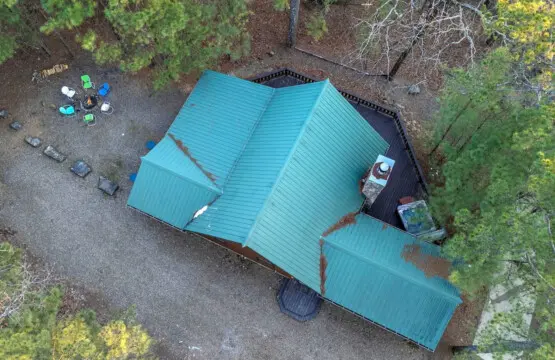 Cozy forest cabin with a stunning turquoise metal roof, perfect for an intimate woodland retreat surrounded by towering pines.
