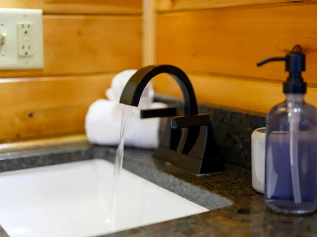 Modern black faucet with warm wood paneling creates a sleek, spa-like bathroom vibe.