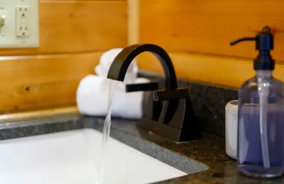 Modern black faucet with warm wood paneling creates a sleek, spa-like bathroom vibe.
