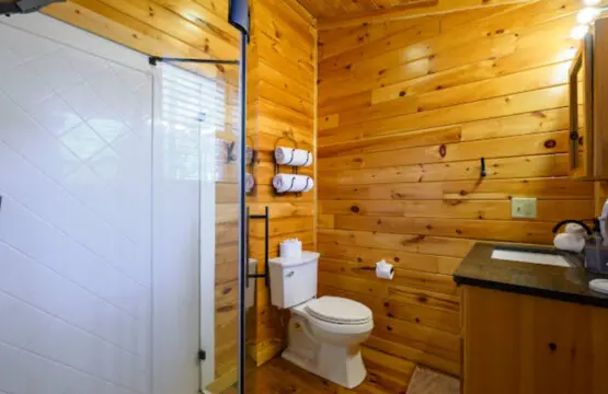 This cozy log cabin bathroom features a spacious walk-in shower and rustic wood finishes throughout.