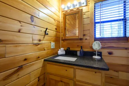 Cozy log cabin bathroom with slate countertop, modern vanity, and natural wood finishes throughout.