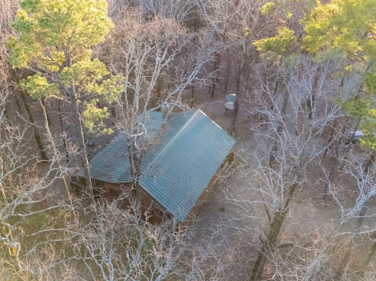 Cozy woodland retreat nestled among towering trees with that perfect secluded cabin vibe.