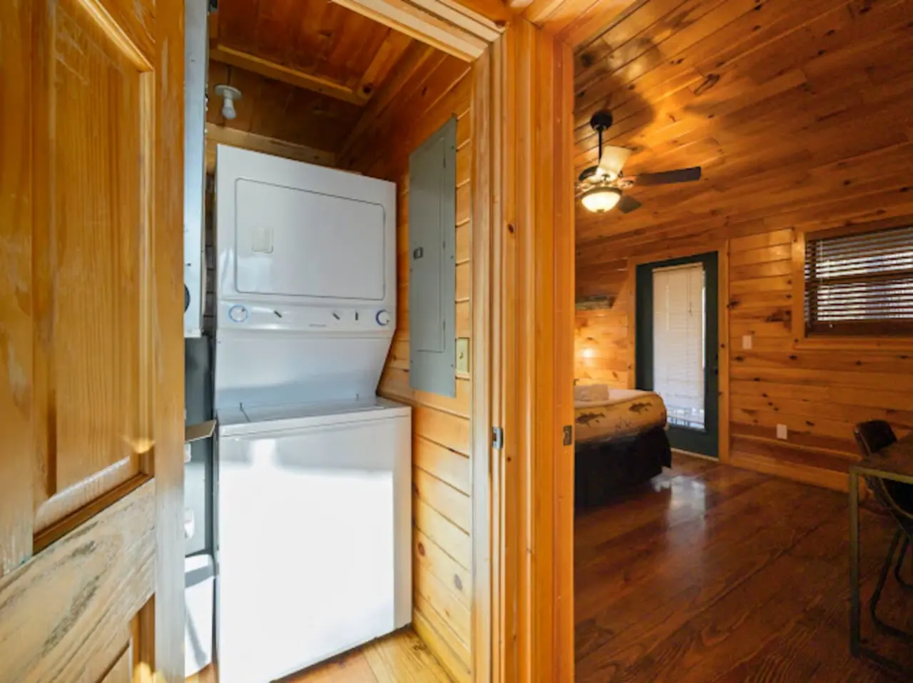 This cozy log cabin features its own washer/dryer combo for convenient laundry during your stay.