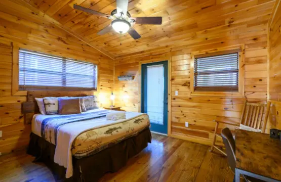 Cozy pine cabin bedroom with two windows, ceiling fan, and plenty of natural light for a peaceful retreat.