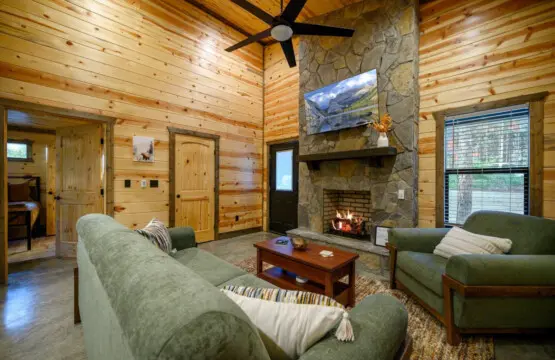 This log cabin living room is basically the perfect setup for hanging out—you've got the stone fireplace doing its thing, those comfy green chairs, a TV to keep you entertained, and all that natural wood making it feel like you're genuinely tucked away in