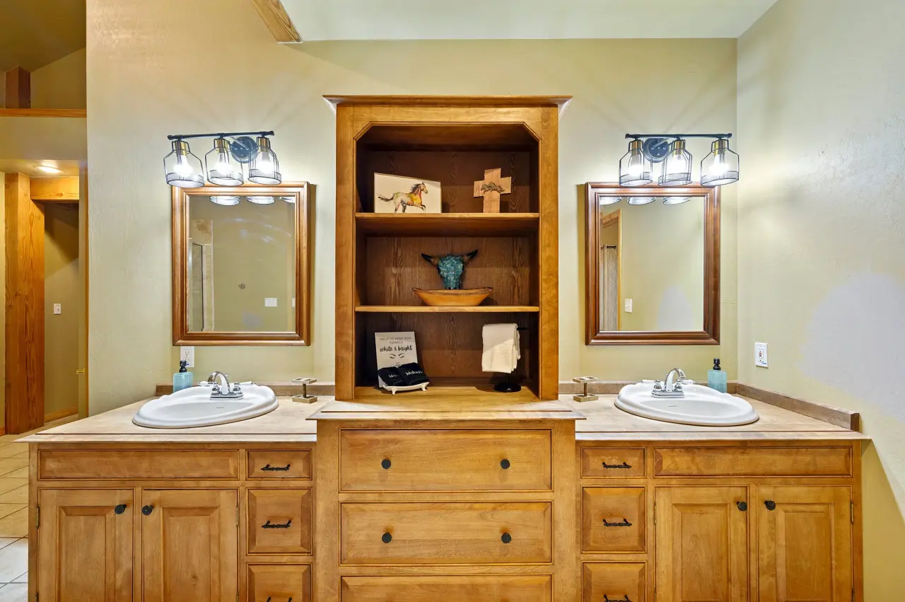 Our bathroom boasts two sinks, offering convenience and elegance for a harmonious morning routine or evening unwind