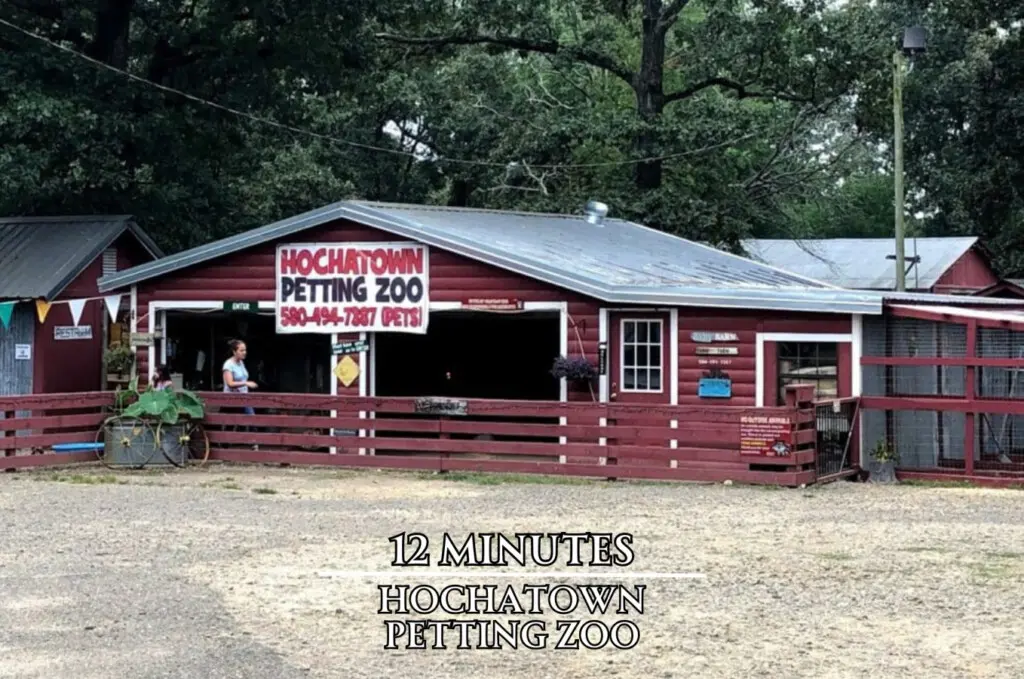 The Hochatown Petting Zoo is about 12 minutes away for an easy afternoon with the kids.