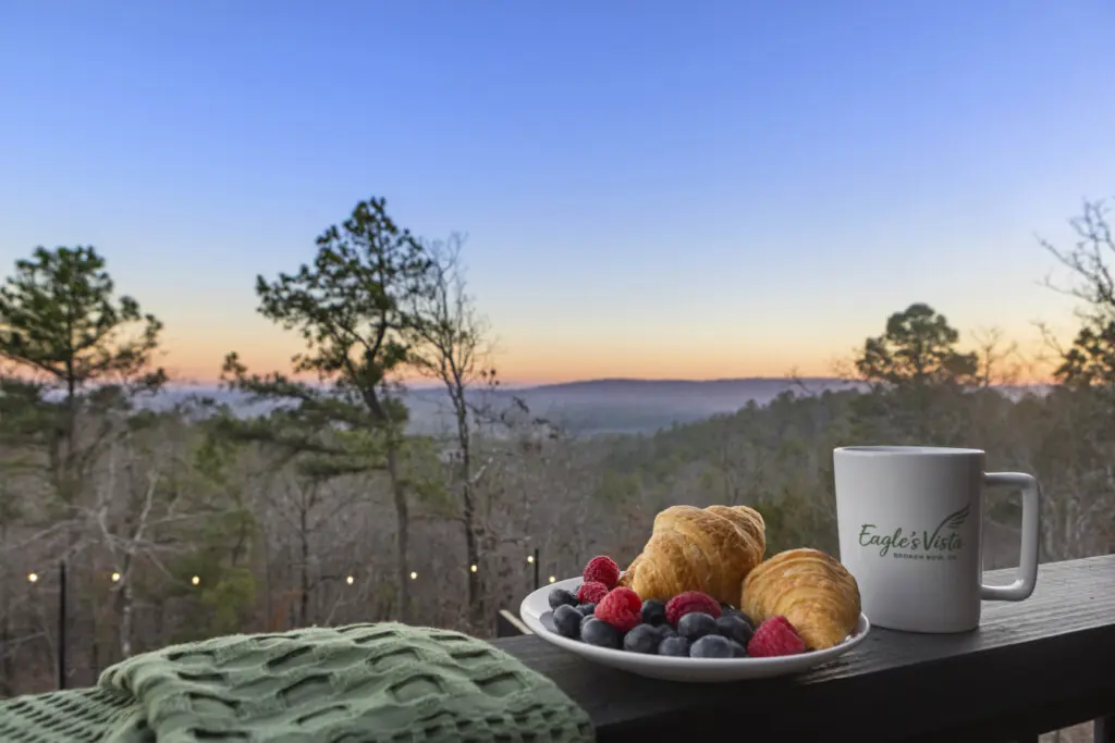 That Broken Bow sunrise from the deck hits different — just you and the treeline.