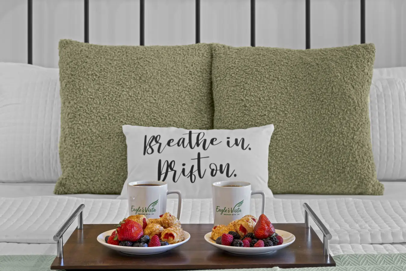 Slow mornings start here — two of everything and those Eagle's Vista mugs front and center.