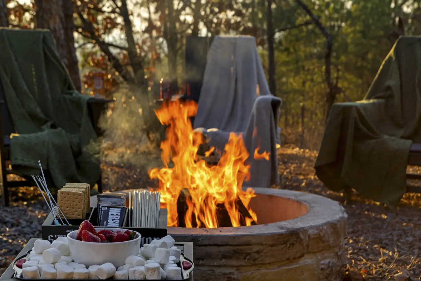 S'mores station is fully stocked and the fire pit's going—this is what evenings at Eagle's Vista look like.