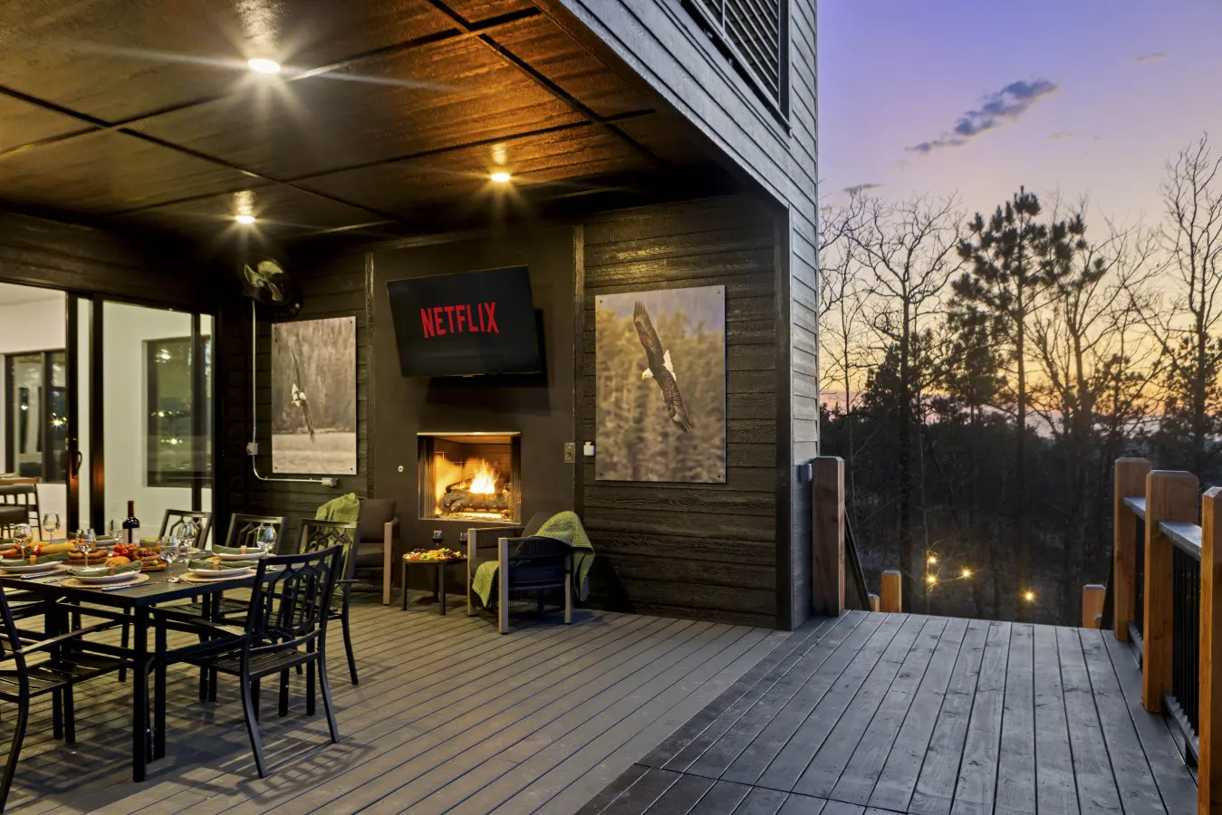 Dinner's ready on the covered deck with the fireplace going and Netflix queued up for later.