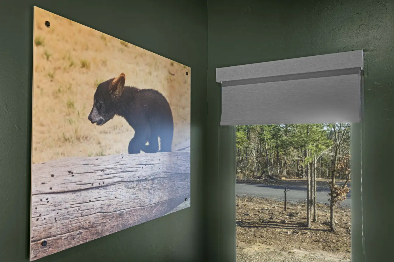 A little bear cub print on the wall adds some local character, with the Broken Bow woods right outside the window.