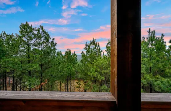 Wake up to this view from your private deck—nothing but pine trees and sky for miles.
