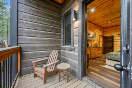 Your own private porch with Adirondack chairs and forest views—perfect for morning coffee and fresh air.