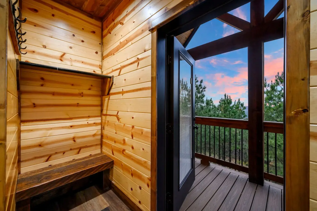 Wake up to mountain views and pine trees from your private sauna on the deck.