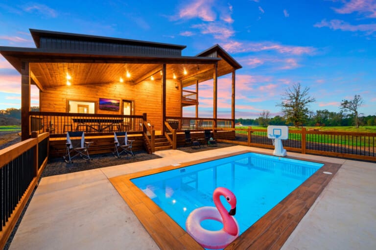 Welcome to Across the Pond our pondside cabin, featuring our heated pool (additional cost to heat). Where you can relax and enjoy your vacation.