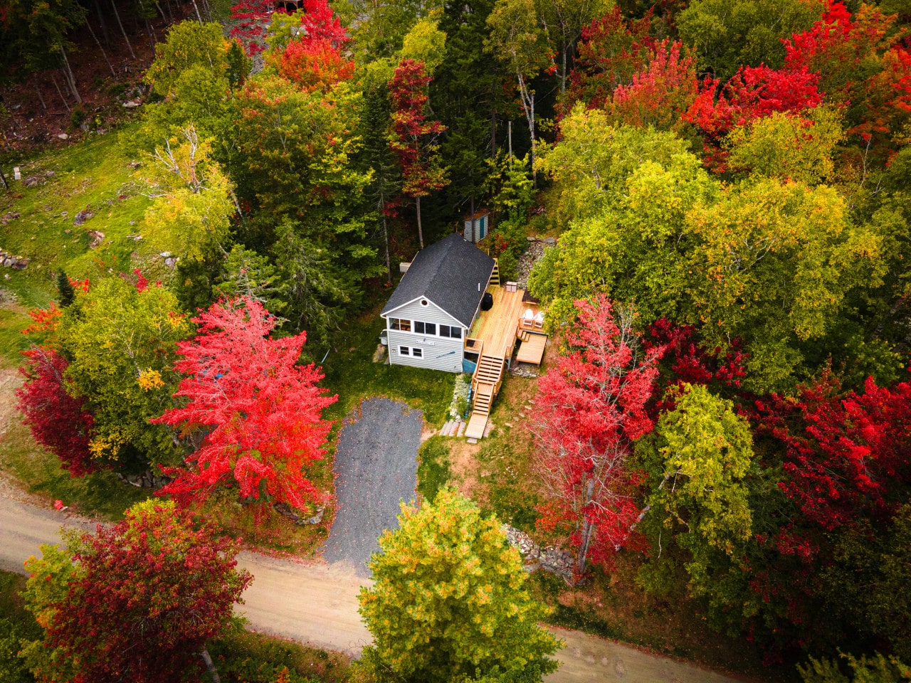 Peak autumn color frames this cottage like a painting you get to live inside.