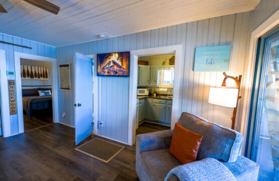 Lake-themed touches and warm lamps make every room feel intentionally designed for rest.