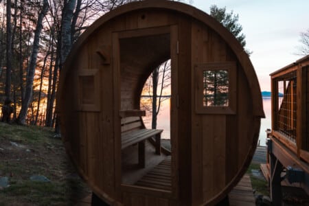 Step into the sauna and watch a fiery sunset melt into the mountains.