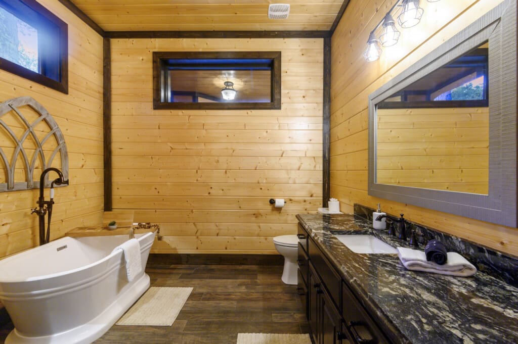 Nature-inspired tranquility in every corner of our cabin bathroom.