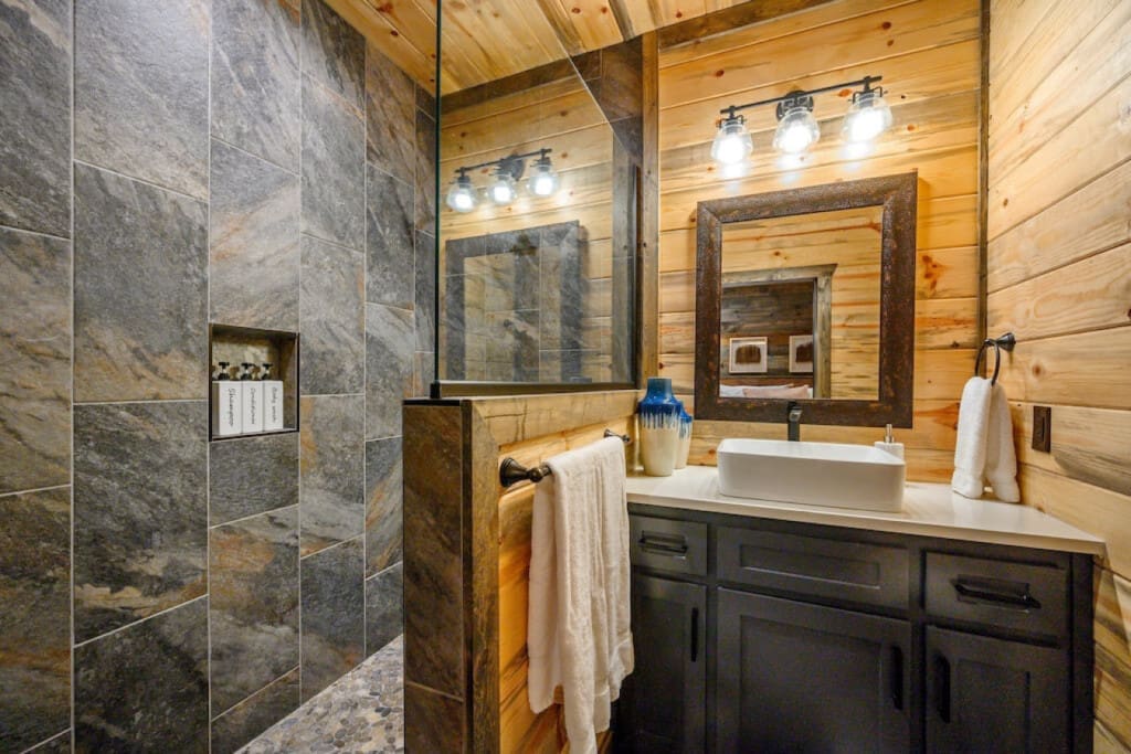"Rustic elegance at its finest: our cabin bathroom.