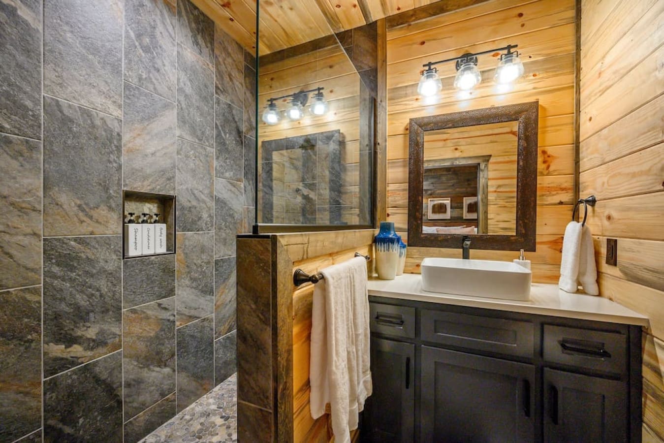 "Rustic elegance at its finest: our cabin bathroom.