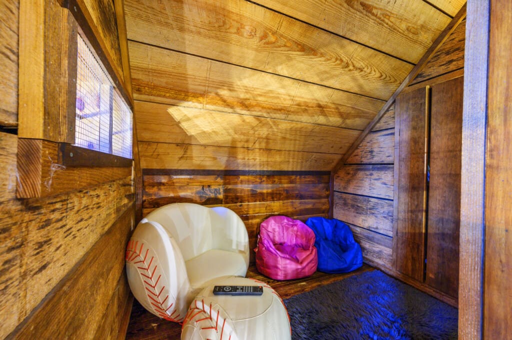 Daydream Chalet's kids' playroom, a vibrant haven adorned with plush pillows and a smart TV.