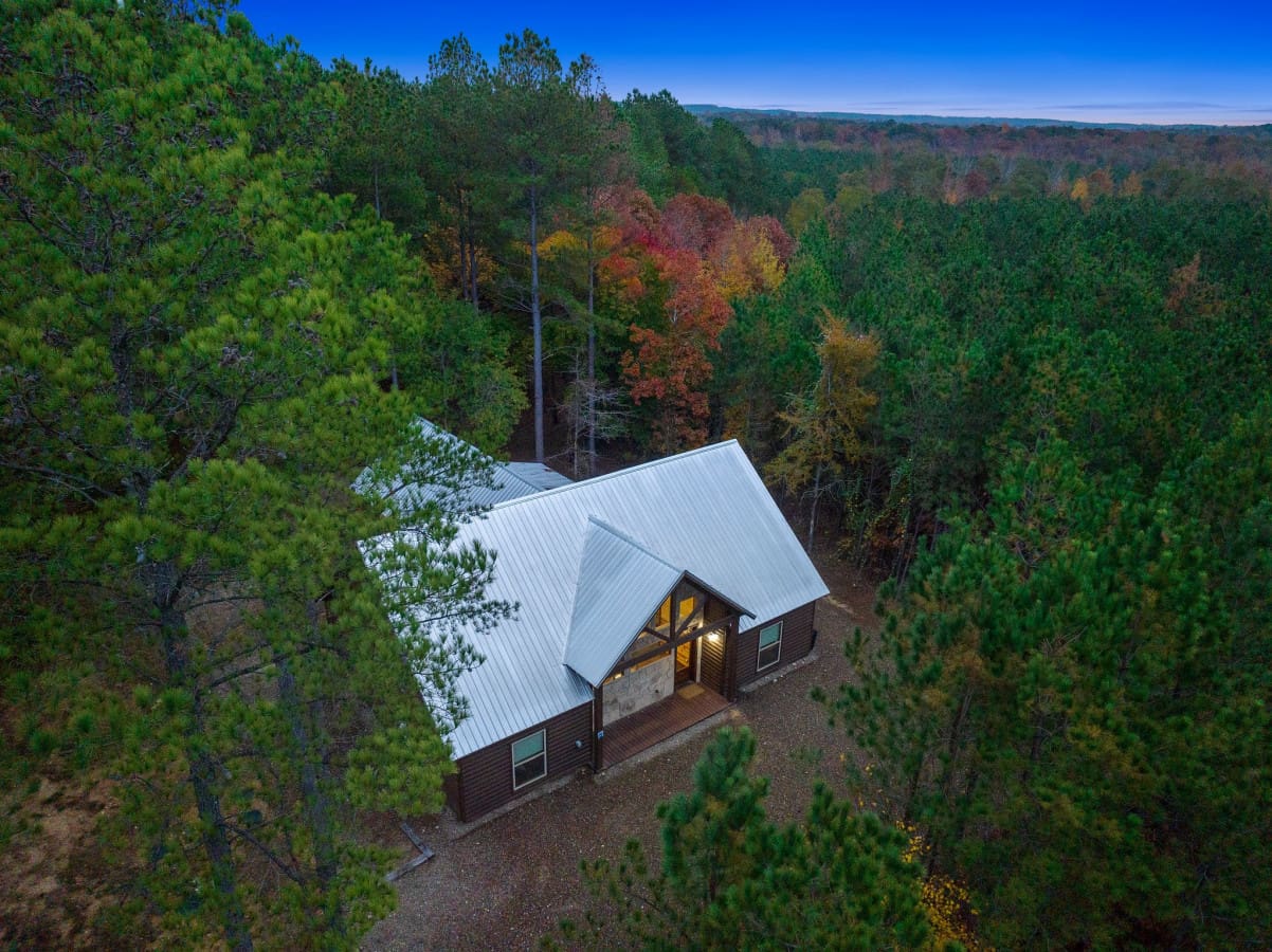 A bird's eye escape: Behold the beauty of our cabin from above.