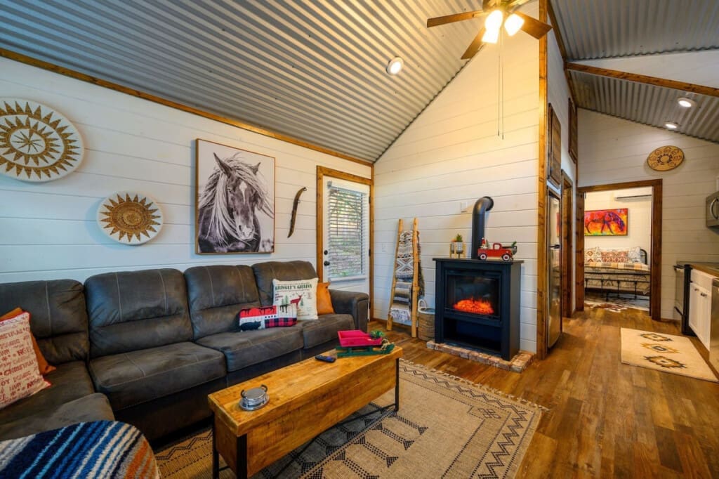 Woodsy warmth and cabin coziness by the fireplace.