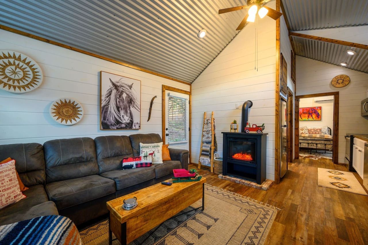 Woodsy warmth and cabin coziness by the fireplace.
