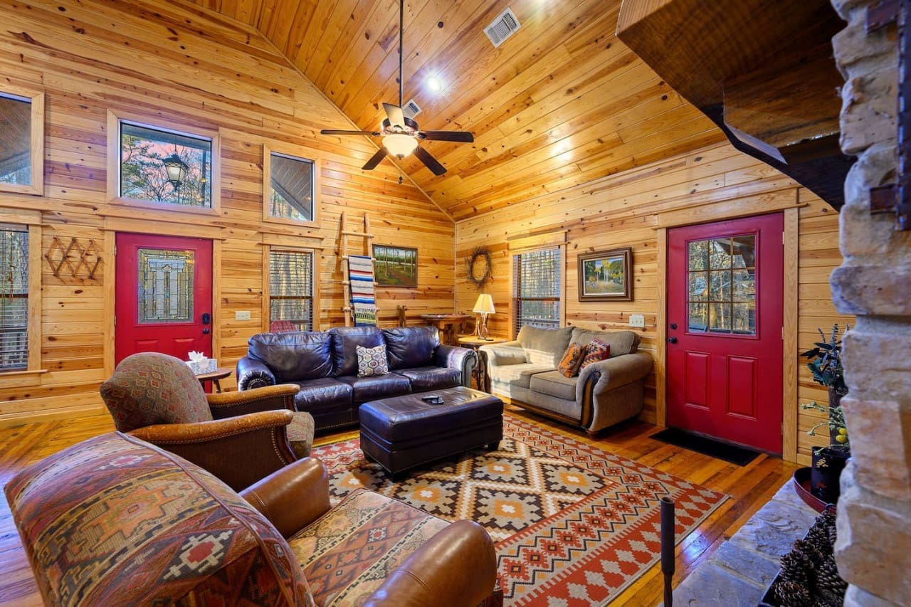 Sink into comfort in this cabin's inviting living room.