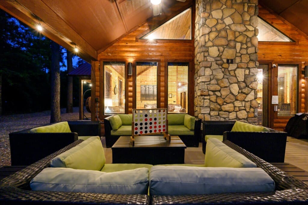 Games and gatherings under the cabin's warm glow