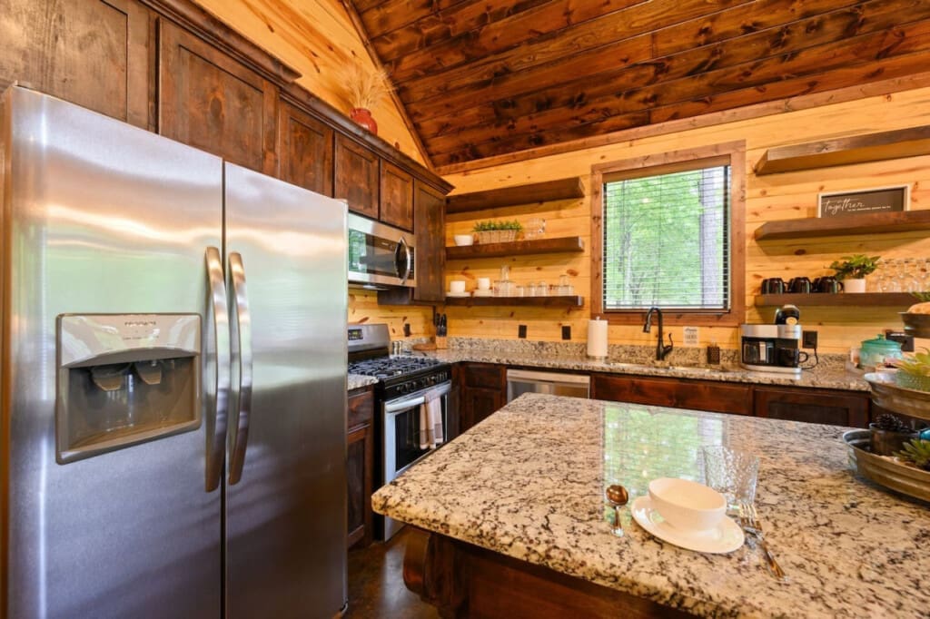 Rustic charm and modern convenience in our cabin kitchen