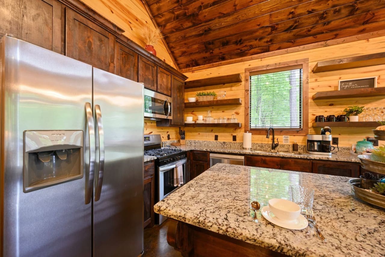 Rustic charm and modern convenience in our cabin kitchen