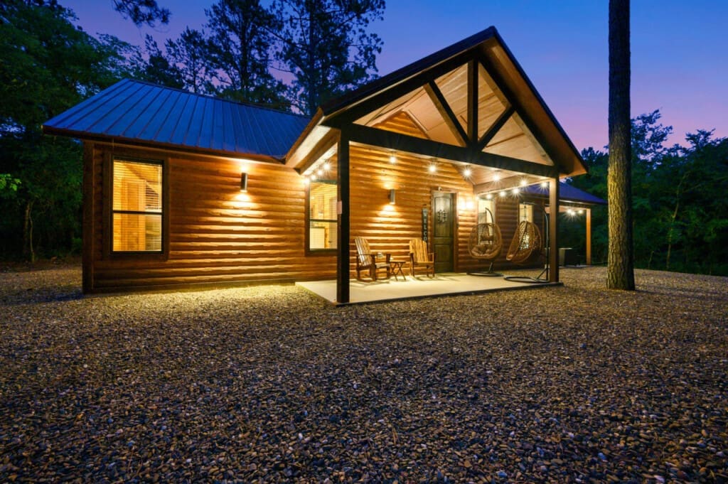 Nighttime charm, cabin lights aglow