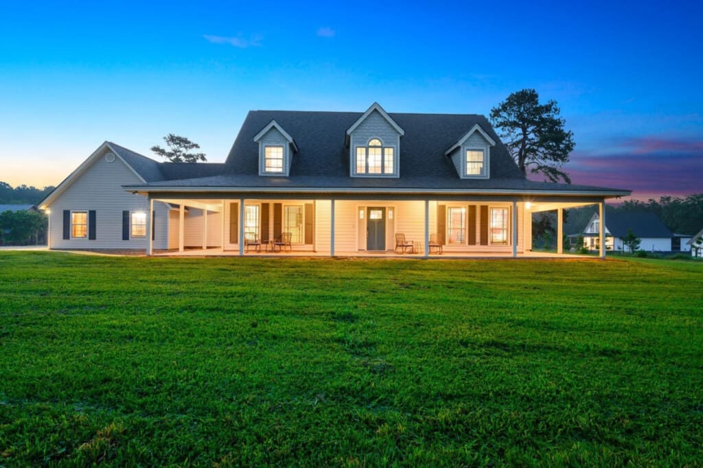 The perfect blend of rustic charm and serene surroundings, as seen from the front view of your cabin.
